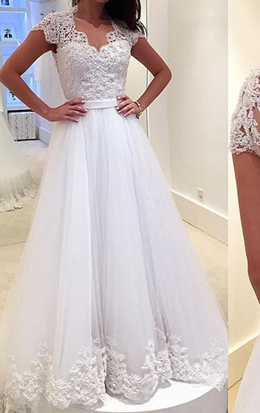 MACloth Cap Sleeves Lace Tulle White Prom Dress Gorgeous Wedding Gown