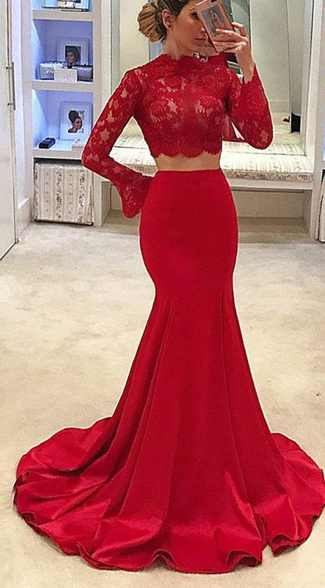 MACloth Mermaid Long Sleeves Lace Red Prom Dress Long Formal Evening Gown