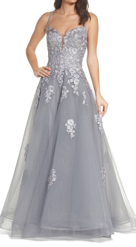 MACloth Spaghetti Straps Lace Tulle Long Prom Dress Silver Formal Evening Gown