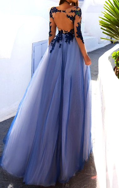 MACloth Illusion Long Sleeves Lace Tulle Prom Dress Navy Formal Evening Gown