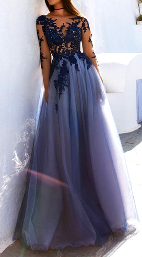 MACloth Illusion Long Sleeves Lace Tulle Prom Dress Navy Formal Evening Gown