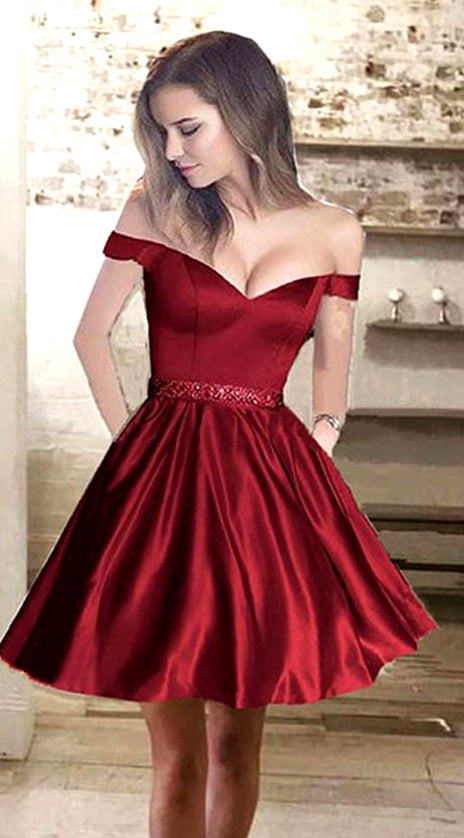 MACloth Off the Shoulder Satin Burgundy Prom Homecoming Dress Pink Formal Party Gown