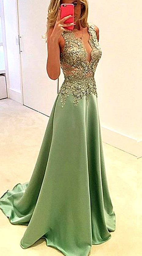 MACloth V Neck Chiffon Lace Long Prom Dress Mint Formal Evening Gown