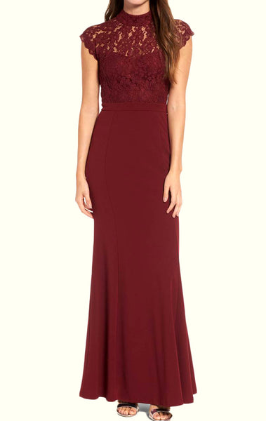 MACloth High Neck Lace Jersey Burgundy Long Prom Dress Simple Formal Evening Gown