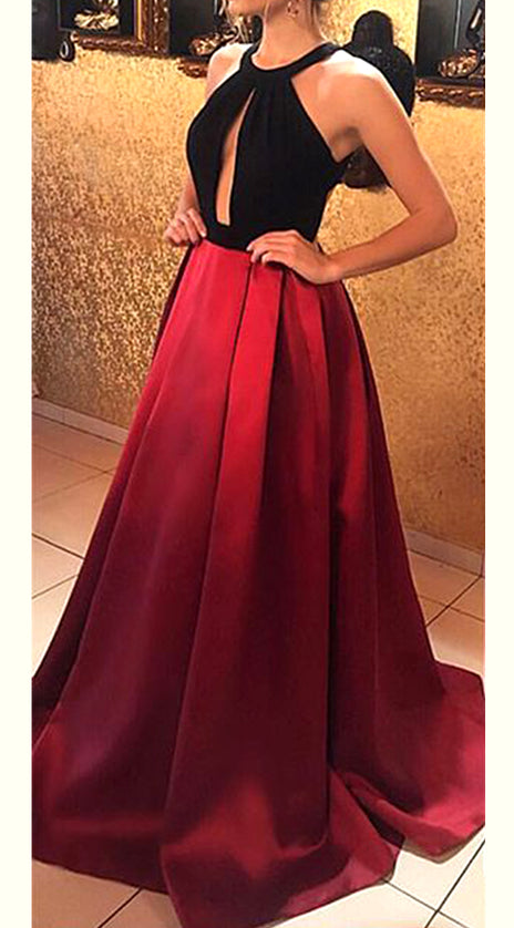 MACloth Halter Open Back Black Burgundy Long Prom Dress Satin Formal Evening Gown