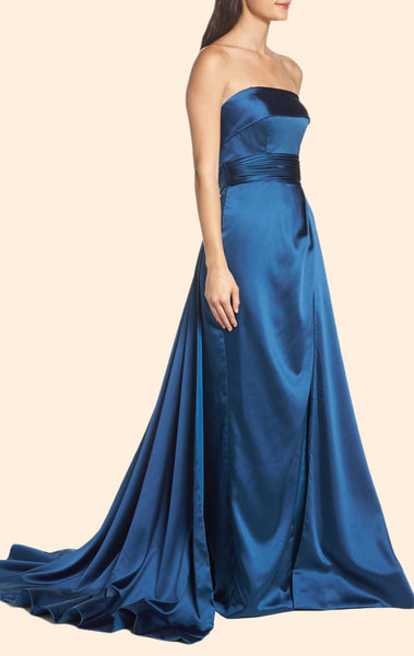 MACloth Strapless Teal Prom Dress with Court Train Elegant Formal Evening Gown