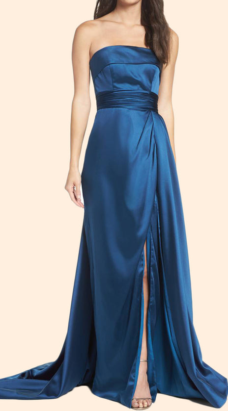 MACloth Strapless Teal Prom Dress with Court Train Elegant Formal Evening Gown