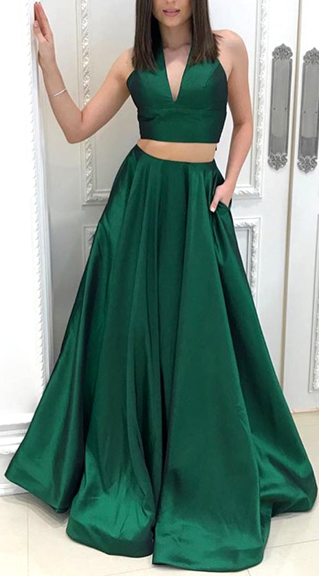 MACloth Halter V Neck 2 Piece Taffeta Prom Dress Green Formal Evening Gown