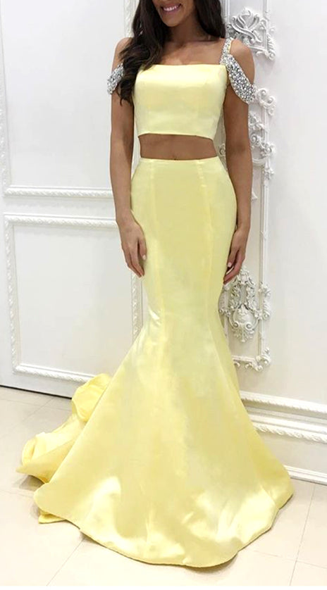 MACloth Mermaid Off the Shoulder 2 Piece Prom Dress Canary Formal Evening Gown