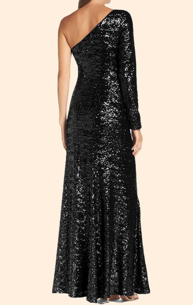 MACloth One Shoulder Long Sleeves Sequin Formal Evening Gown Black Prom Dress