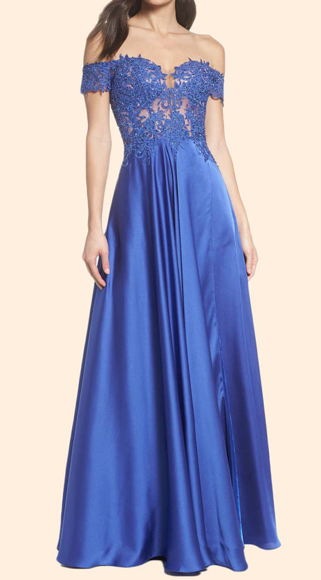 MACloth Off the Shoulder Lace Chiffon Long Prom Dress Blue Formal Evening Gown