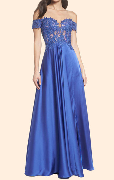 MACloth Off the Shoulder Lace Chiffon Long Prom Dress Blue Formal Evening Gown