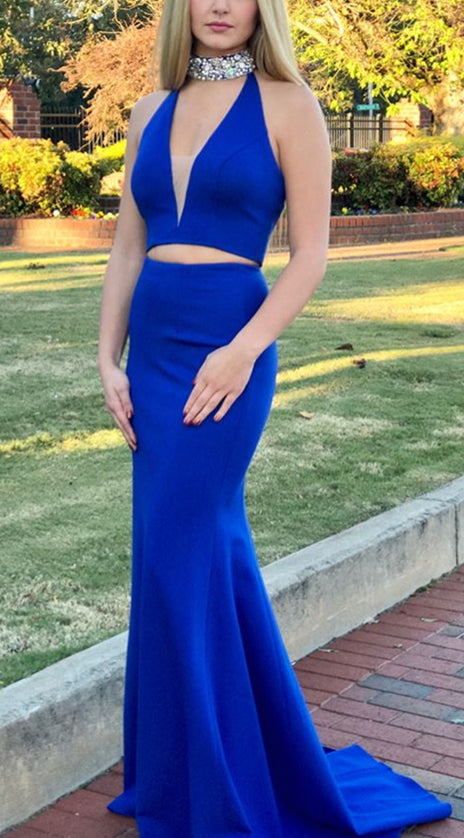 MACloth High Neck Sexy 2 Piece Mermaid Prom Dress Royal Blue Formal Evening Gown