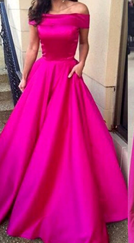 MACloth Off the Shoulder Fuchsia Ball Gown Prom Dress Satin Formal Evening Gown