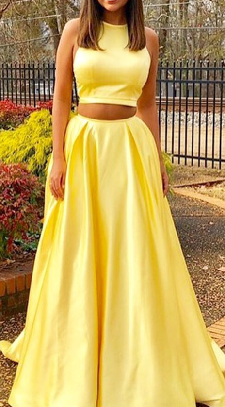 MACloth Halter Two Piece Yellow Prom Dress Elegant Formal Evening Gown