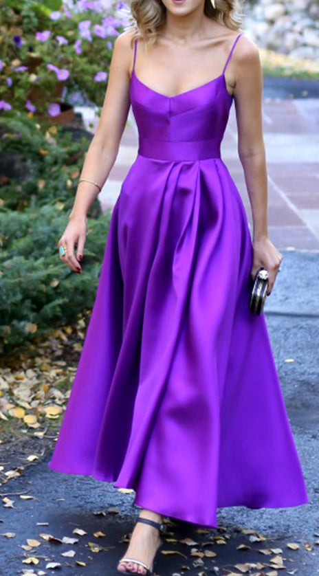 MACloth Spaghetti Straps Purple Satin Prom Dress Tea Length Wedding Party Formal Gown 10579