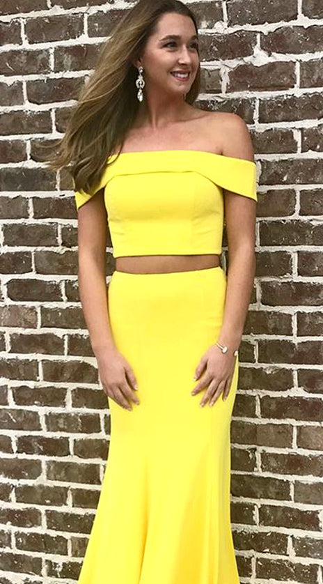 MACloth Off the Shoulder Two Piece Sheath Long Prom Dress Yellow Formal Evening Gown