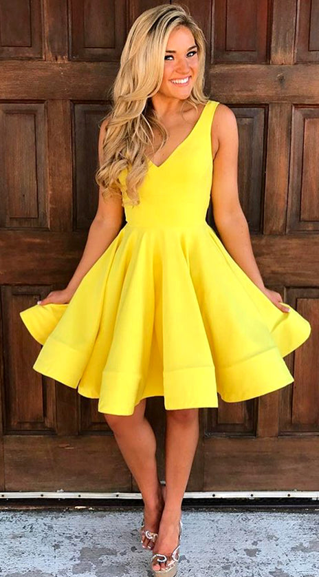 MACloth V Neck Short Prom Homecoming Dress Yellow Wedding Party Formal Gown 10584