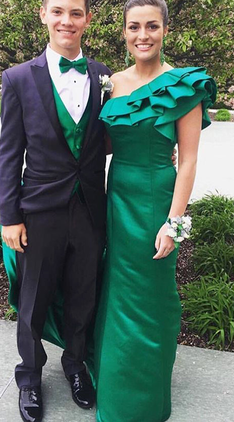 MACloth One Shoulder Mermaid Satin Long Prom Dress Green Formal Evening Gown