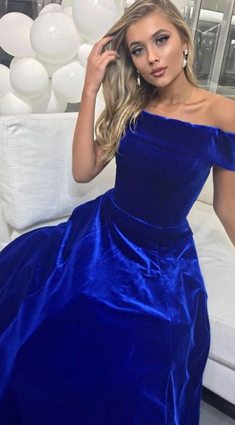 MACloth Off the Shoulder Velvet Long Prom Dress Elegant Royal Blue Formal Evening Gown