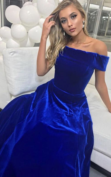 MACloth Off the Shoulder Velvet Long Prom Dress Elegant Royal Blue Formal Evening Gown