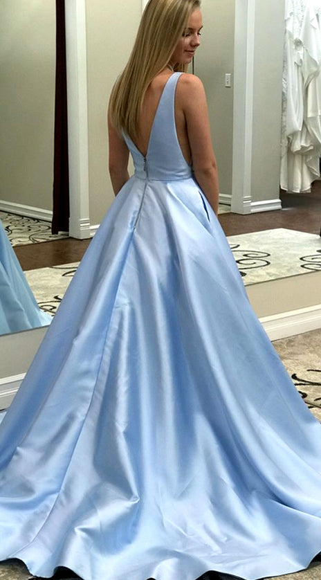 MACloth Illusion V Neck Satin Long Prom Dress Sky Blue Formal Evening Gown