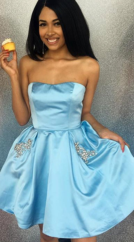 MACloth Strapless Sweetheart Mini Prom Homeocming Dress Sky Blue Wedding Party Dress