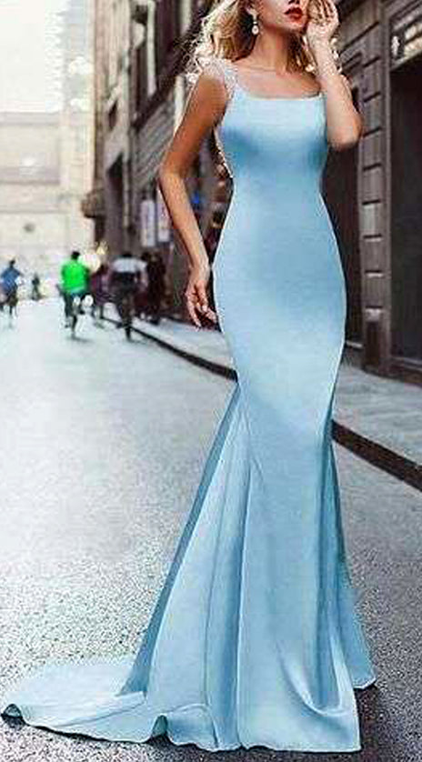 MACloth Mermaid Scoop Neck Sky Blue Long Prom Dress Formal Evening Gown