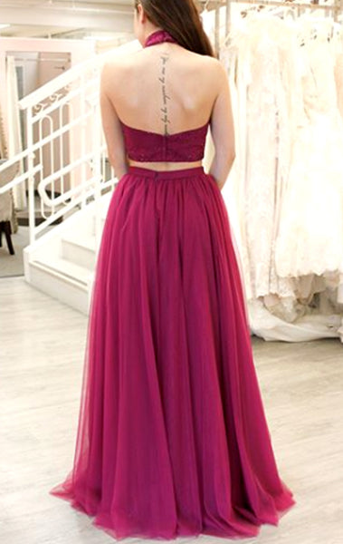 MACloth High Neck Two Piece Long Prom Dress Red Formal Evening Gown