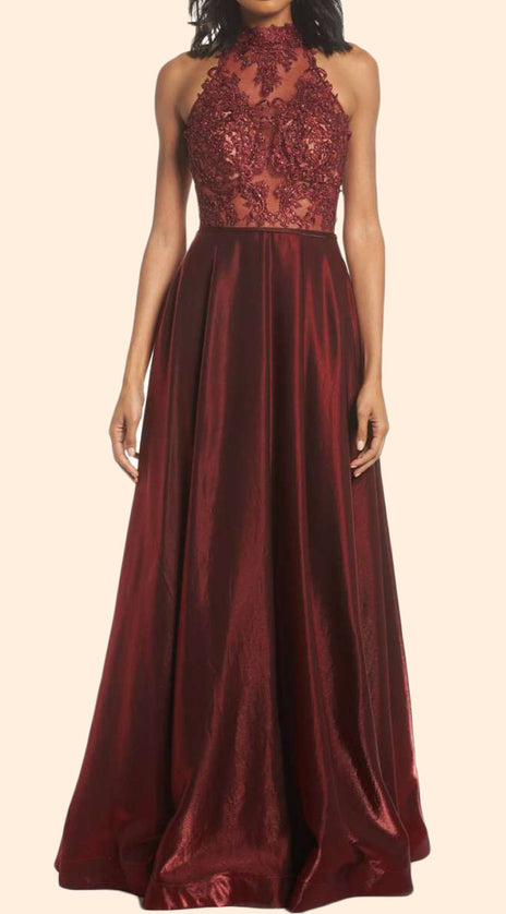 MACloth Halter High Neck Lace Long Prom Dress Burgundy Formal Evening Gown