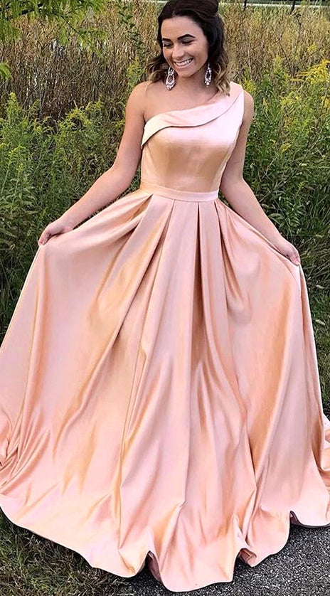 MACloth One Shoulder Long Satin Prom Dress Pink Formal Evening Gown