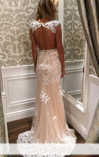 MACloth Cap Sleeves Lace Long Prom Dress Ivory Formal Evening Gown