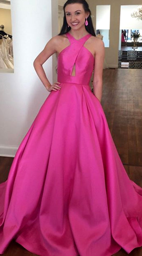 MACloth Halter Open Back Fuchsia Long Prom Dress Satin Formal Evening Gown