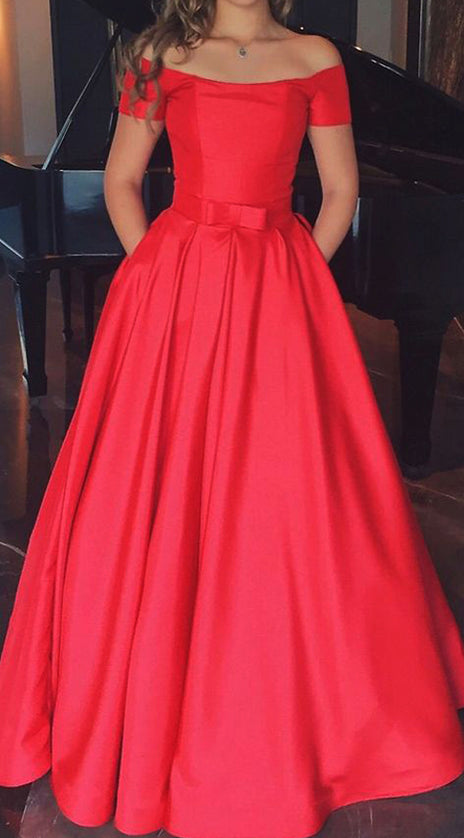 MACloth Off the Shoulder Red Long Prom Dress Satin Formal Evening Gown