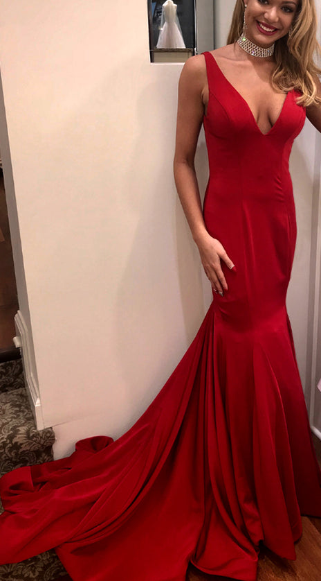 MACloth Mermaid V Neck Jersey Long Prom Dress Red Formal Evening Gown 10625