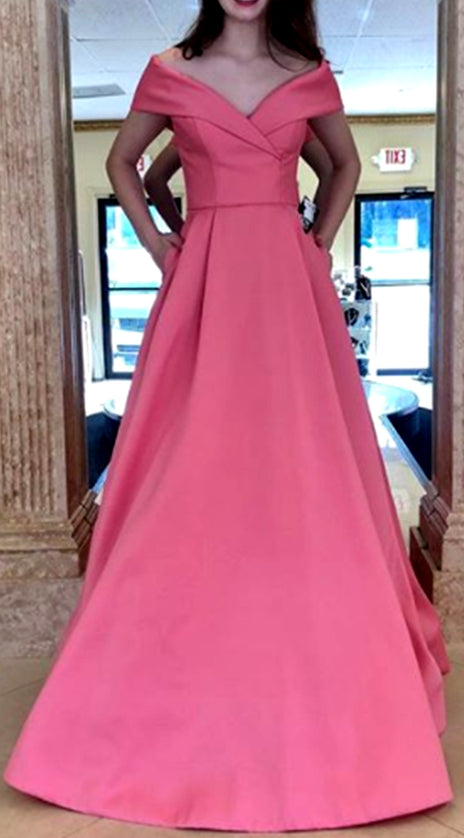 MACloth Off the Shoulder Pink Long Prom Dress Simple Formal Evening Gown 10627