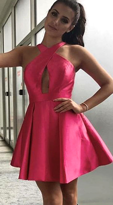 MACLoth Halter Fuchsia Short Prom Homecoming Dress Satin Wedding Party Dress