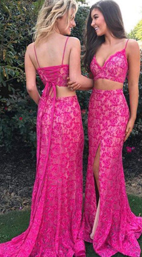 MACloth V Neck 2 Piece Lace Fuchsia Long Prom Dress Gorgeous Formal Evening Gown