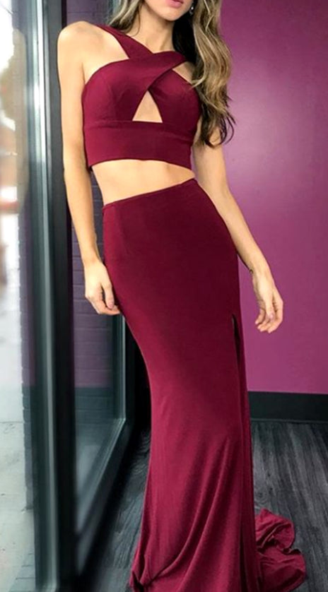 MACloth Halter two Piece Mermaid Long Prom Dress Burgundy Formal Evening Gown