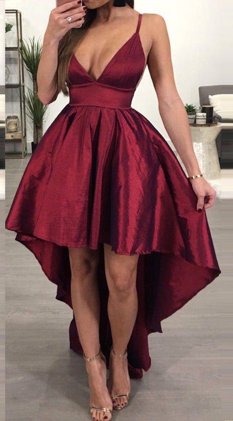 MACloth Straps Deep V Neck High Low Prom Dress Burgundy Sexy Formal Evening Gown