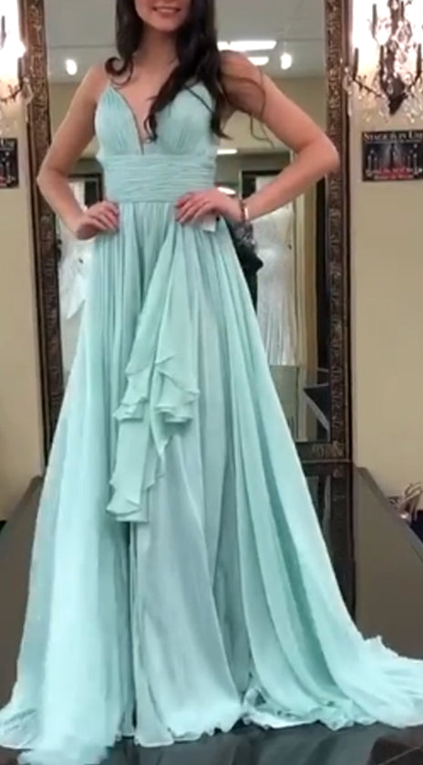 MACloth Spaghetti Straps V Neck Chiffon Long Prom Dress Mint Formal Evening Gown