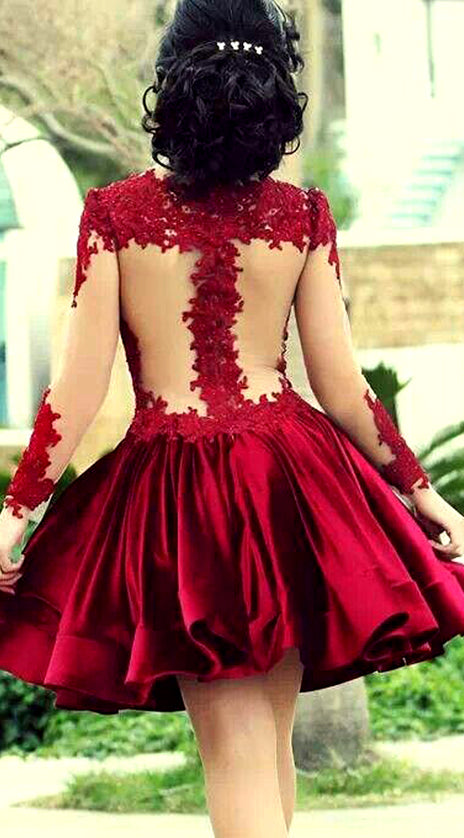 MACloth Long Sleeves Illusion Red Mini Prom Homecoming Dress Lace Wedding Party Dress