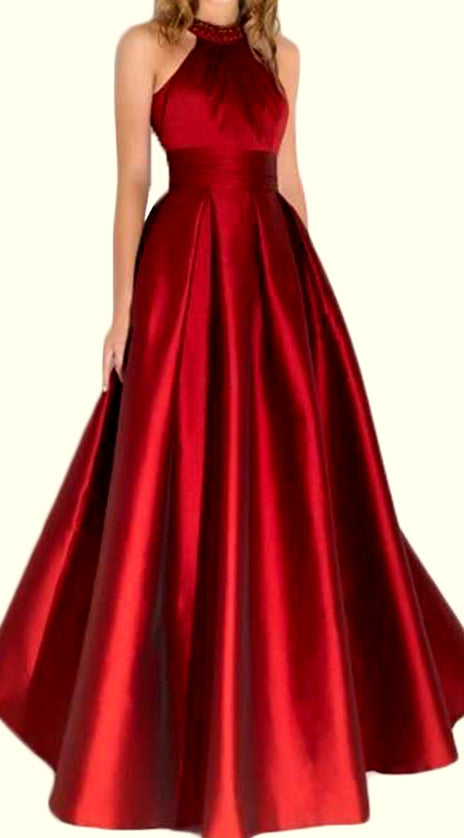 MACloth Halter High Neck Burgundy Long Prom Dress Satin Formal Evening Gown