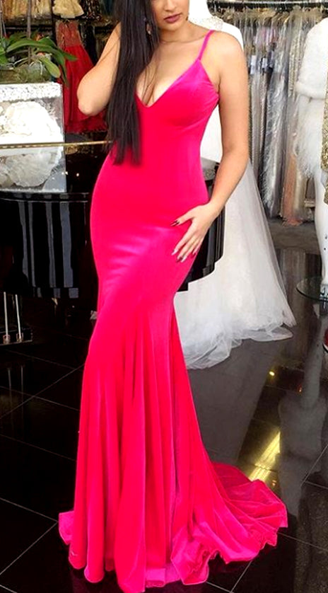 MACloth Mermaid V Neck Velvet Long Prom Dress Fuchsia Formal Evening Gown