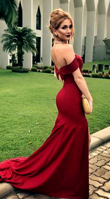 MACloth Mermaid Off the Shoulder Burgundy Long Prom Dress Jersey Formal Evening Gown