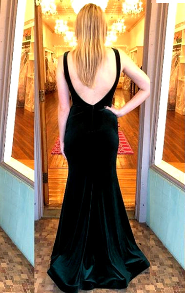 MACloth Mermaid Boat Neck Velvet Prom Dress Dark Green Formal Evening Gown