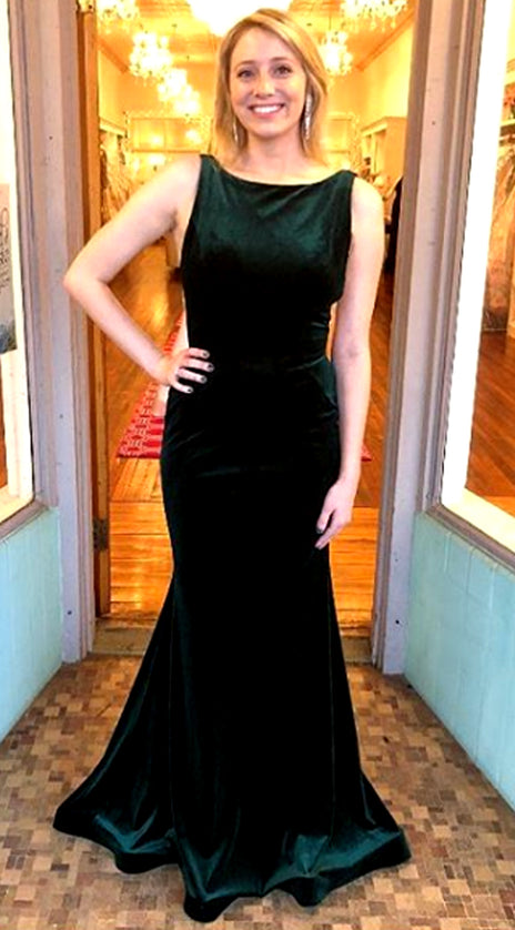 MACloth Mermaid Boat Neck Velvet Prom Dress Dark Green Formal Evening Gown