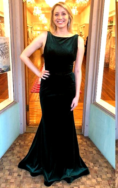 MACloth Mermaid Boat Neck Velvet Prom Dress Dark Green Formal Evening Gown