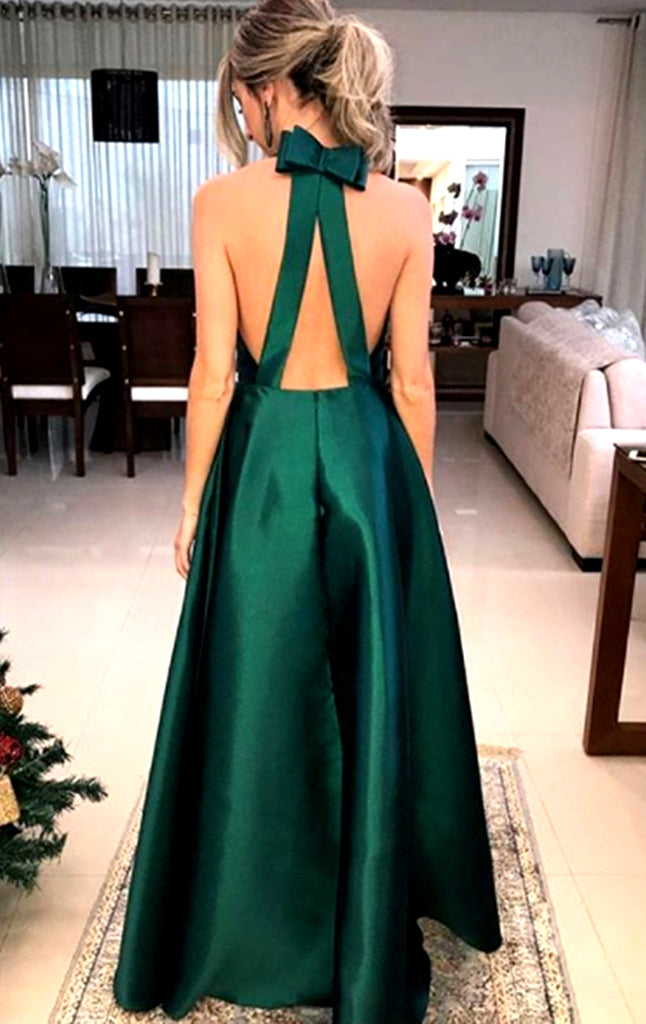 MACloth Women Elegant Long V Neck Mother of Bride Dresses Evening Gown Sleeves Dark Green / Custom Size