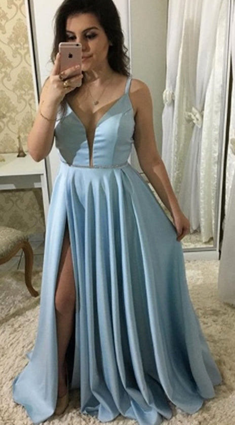 MACloth Straps Deep V Neck Long Prom Dress Sky Blue Formal Evening Gown